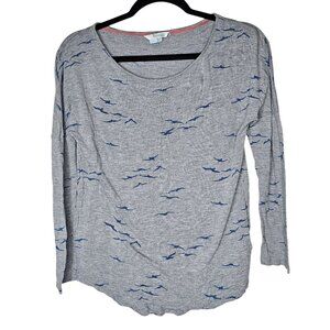 Boden 2 Grey Long Sleeve Round Neck Tee With All Over Bird Print Lightweight